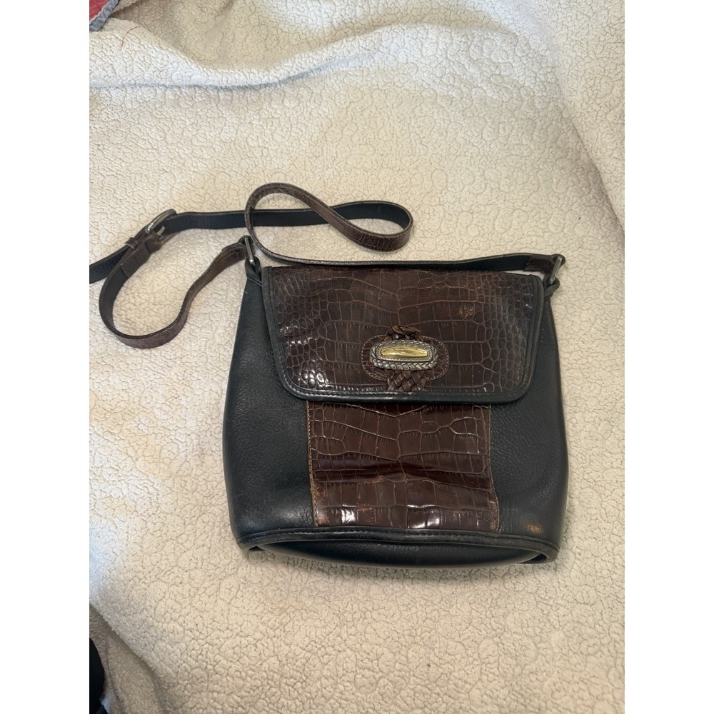 Brighton Vintage Black/Brown Croc Crossbody Magnetic/Zip  Hardware Pockets